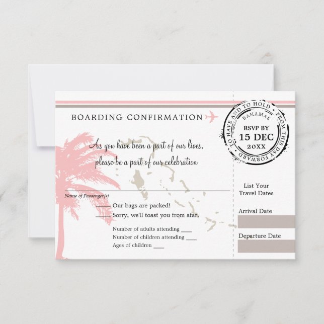 Pink Palm Tree Bahamas Boarding Pass Wedding RSVP Card (Front)