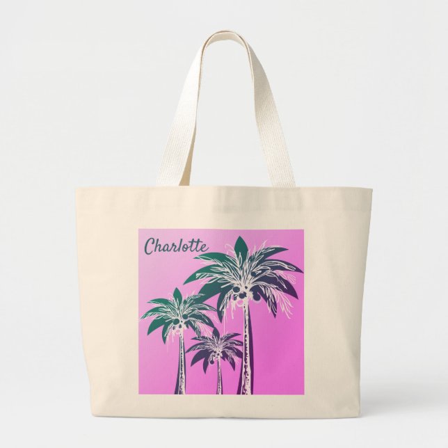 Pink Palm Tree Bold Preppy Beach Summer Name Large Tote Bag (Front)
