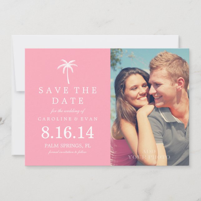 Pink Palm Tree Photo Wedding Save the Date (Front)