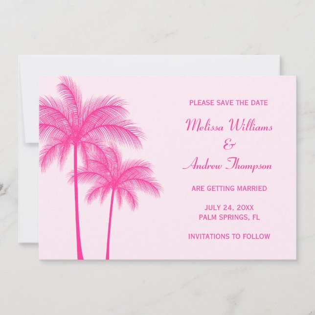 Pink Palm Tree Save the Date Announcement (Front)