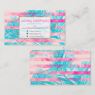 Pink palm tree watercolor stripes makeup artist business card
