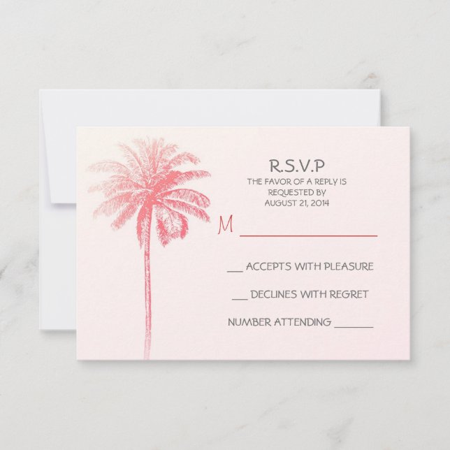pink palm tree white beach wedding RSVP cards (Front)