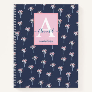 Pink Palm trees on navy patterned Monogrammed Notebook