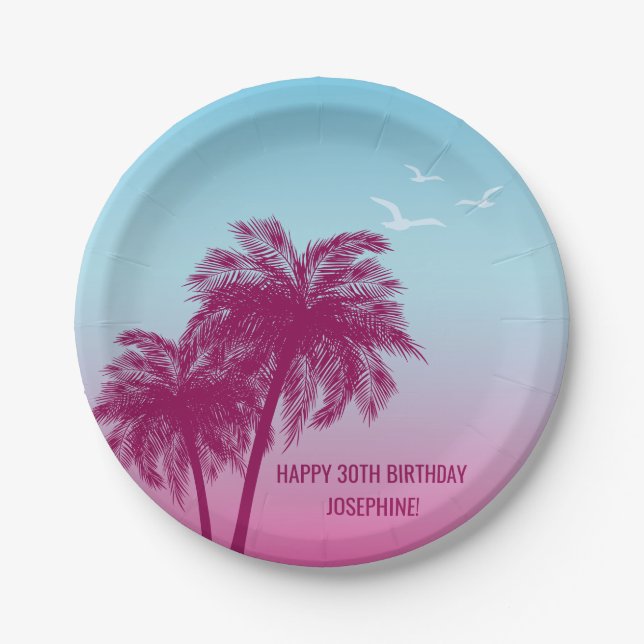 Pink Palm Trees Tropical Evening Happy Birthday Paper Plate (Front)