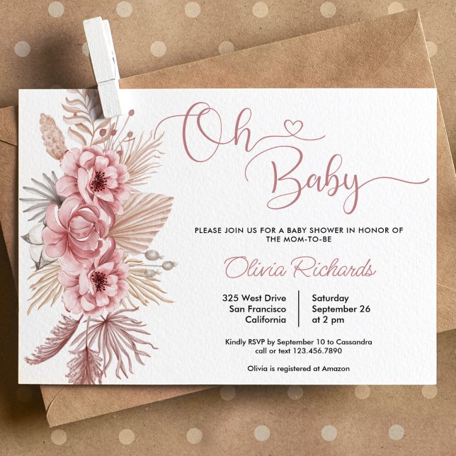 Pink Pampas Grass Boho Oh Baby Shower Invitation (Creator Uploaded)