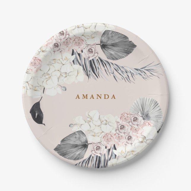 Pink Pampas Grass Floral Wedding Shower Party Paper Plate (Front)