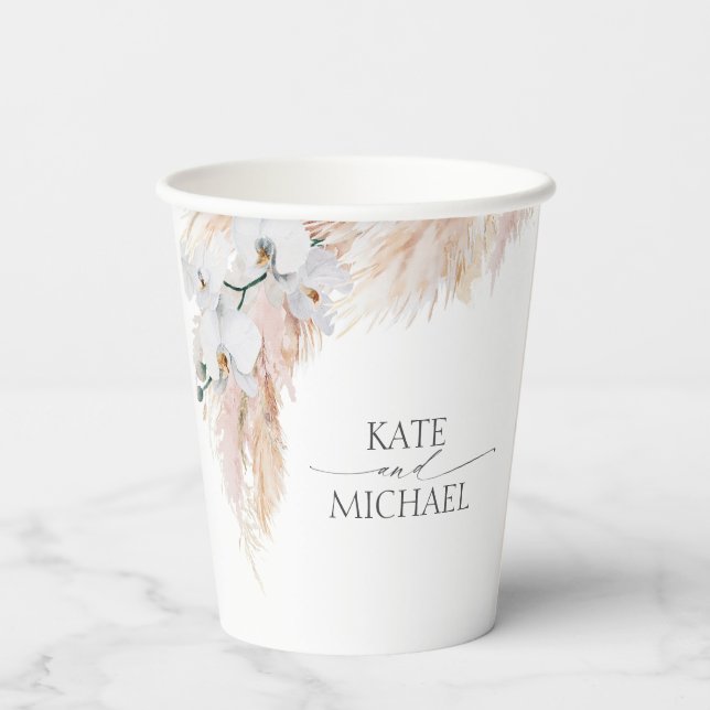 Pink Pampas Grass White Orchids Tropical Exotic Paper Cups (Back)