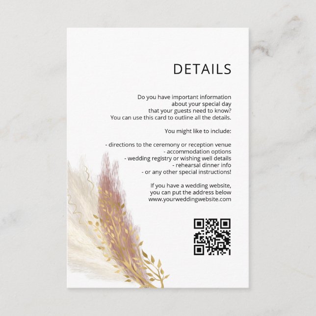 Pink Pampas wedding details/information card (Front)