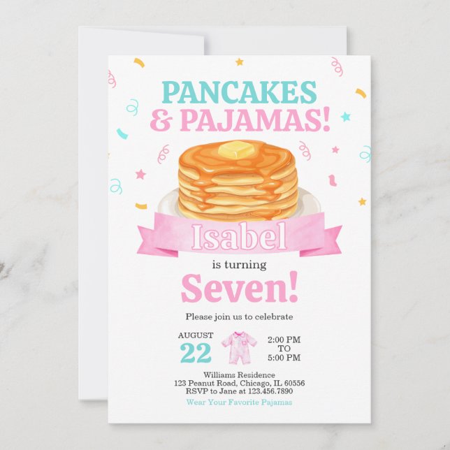 Pink Pancakes and Pyjamas Birthday Invitation (Front)