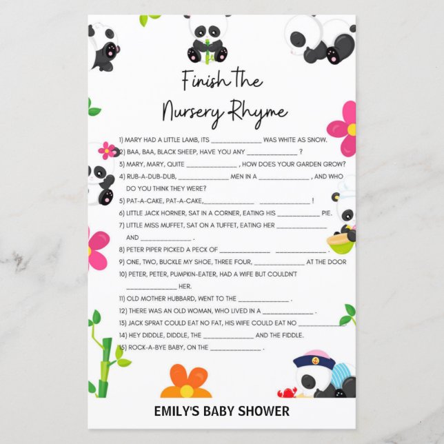 Pink Panda Baby Shower Game (Front)
