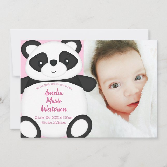 Pink Panda Bear Baby Birth Announcement  (Front)