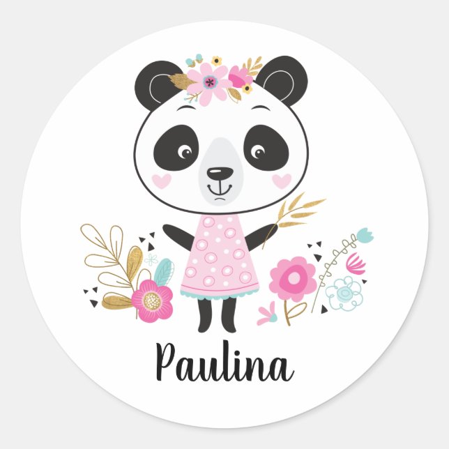 Pink Panda Personalized Adorable Girly Classic Round Sticker (Front)