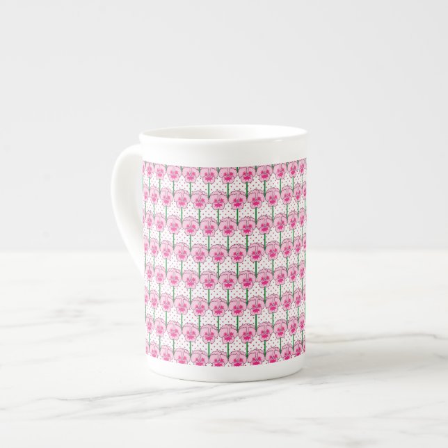 Pink pansies - retro wallpaper pattern bone china mug (Front Left)