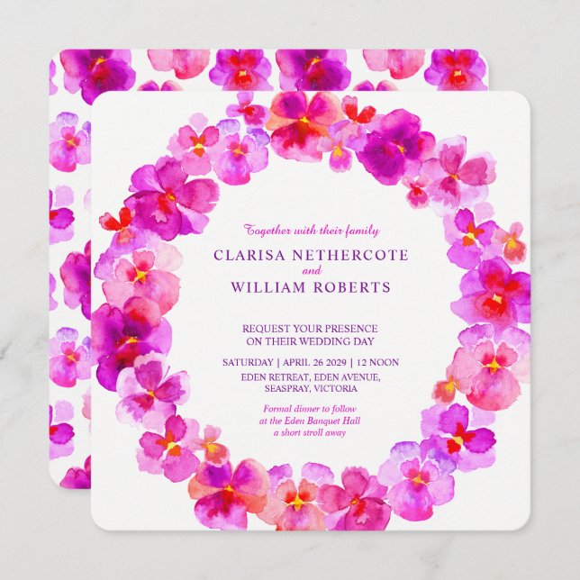 Pink pansies watercolor flower wedding invitations (Front/Back)