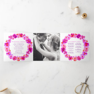 Pink pansy flowers watercolor wedding Tri-Fold programme