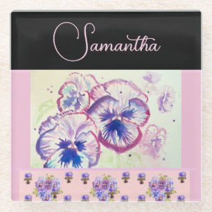 Pink Pansy Pansies Watercolor Flower Floral art Glass Coaster