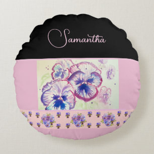 Pink Pansy Pansies Watercolor Flower Floral art Round Pillow