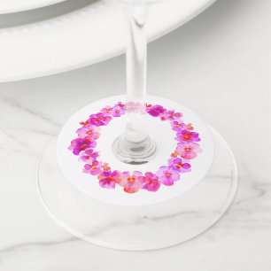 Pink pansy watercolor art flower wedding events wine glass tag