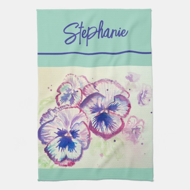 Pink Pansy watercolor Womens Pale Mint Green Kitchen Towel (Vertical)