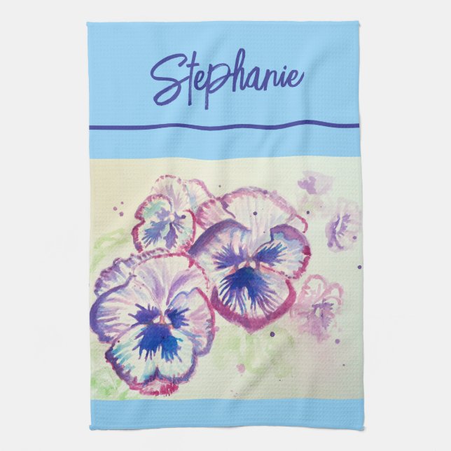 Pink Pansy watercolor Womens Pale Pink Blue Kitchen Towel (Vertical)
