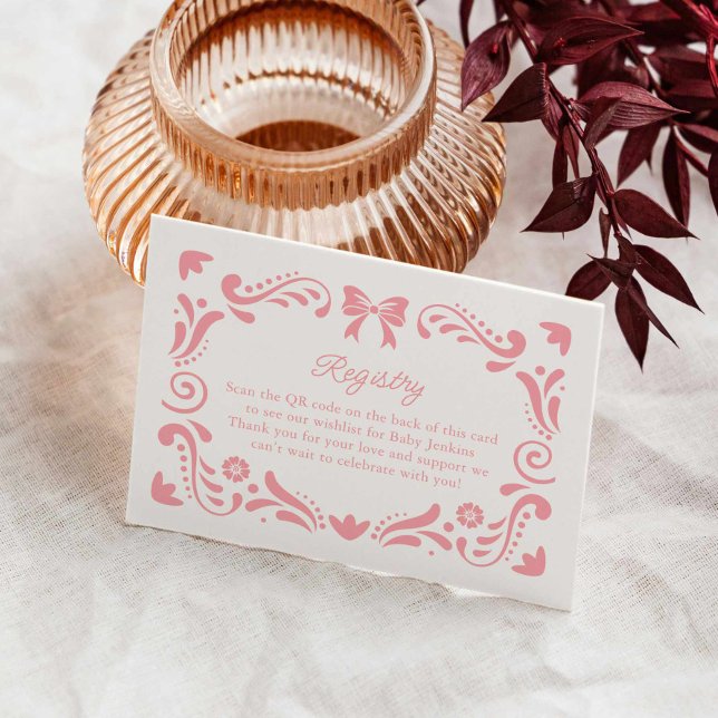 Pink Papel Picado Baby Shower Registry QR code Enclosure Card (Girl Fiesta Baby Shower Registry Card)