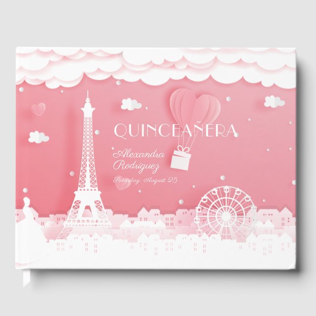 Pink Paper Paris Quinceañera Guest Book (Front)