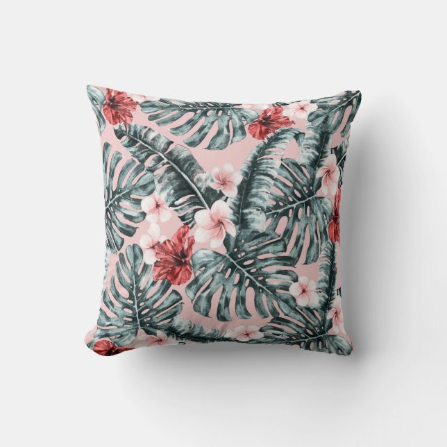 Pink Paradise Tropical Island Floral Botanical Throw Pillow (Front)