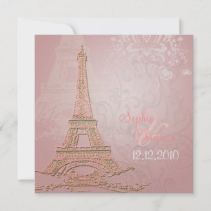 Pink Paris Eiffel + swirls  Wedding Invitations