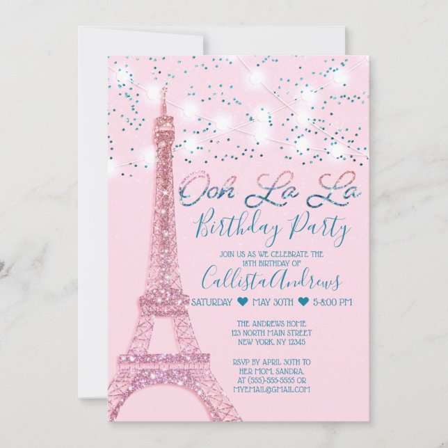 Pink Paris Eiffel Tower Glitter Lights Birthday Invitation (Front)