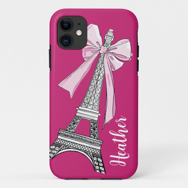 Pink Paris Eiffel Tower Personalized iPhone Case (Back)