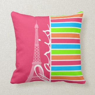 Pink Paris; Retro Neon Rainbow Throw Pillow