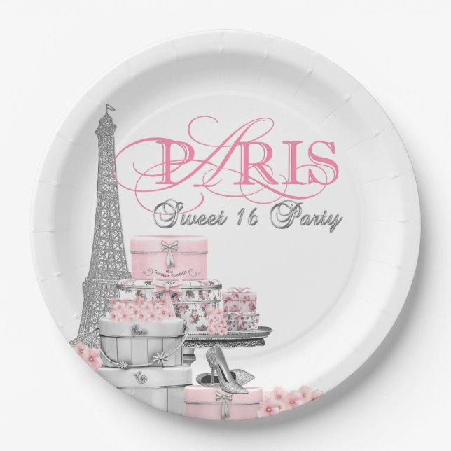 Pink Paris Sweet 16 Birthday Party Paper Plate (Front)