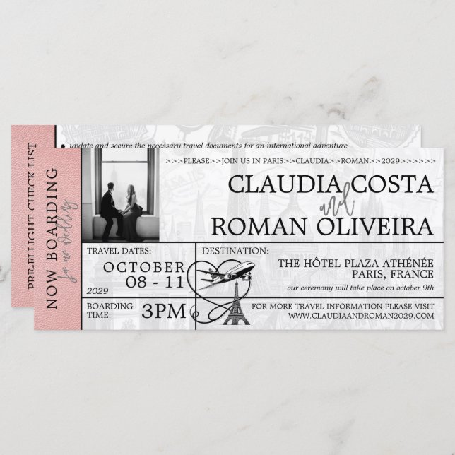 Pink Paris Wedding Boarding Pass Invitation (Front/Back)