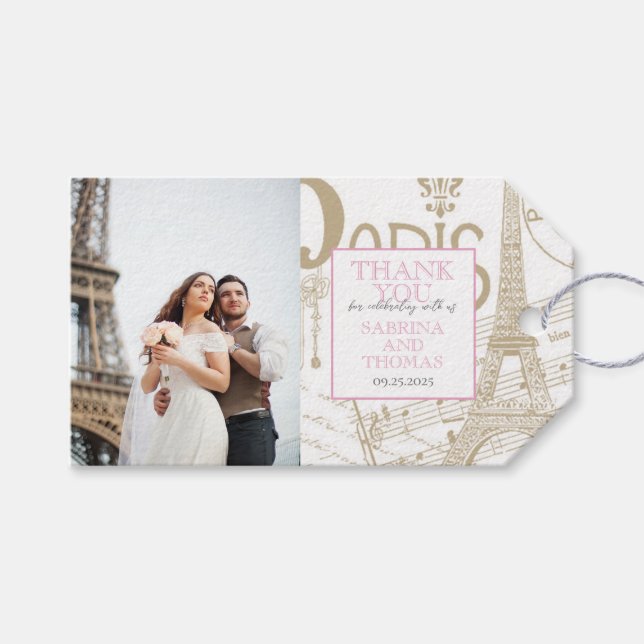 Pink Paris Wedding Photo Gift Tags (Front (Horizontal))