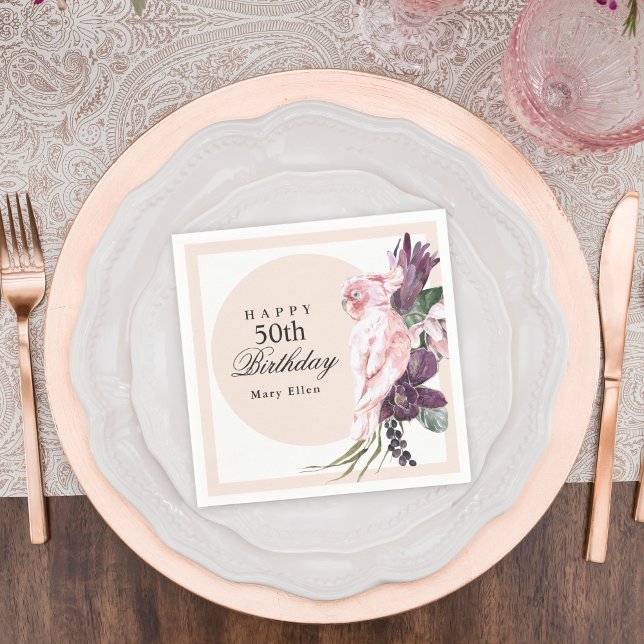 Pink Parrot Boho Botanical 50th Birthday Napkin (Creator Uploaded)