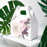 Pink Parrot Boho Tropical 50th Birthday Party Favor Box<br><div class="desc">Add a memorable personal touch to a 50th birthday celebration with this custom gabled favour box. The theme is boho tropical floral and is fabulous! A pale rose beige round frame surrounds the text along with a beautiful pink parrot sitting atop a bouquet of tropical floral elements that include purple...</div>