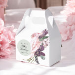 Pink Parrot Boho Tropical 60th Birthday Party Favor Box<br><div class="desc">Add a memorable personal touch to a 60th birthday celebration with this custom gabled favour box. The theme is boho tropical floral and is fabulous! A sage green round frame surrounds the text along with a beautiful pink parrot sitting atop a bouquet of tropical floral elements that include purple protea...</div>