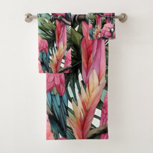 Pink Parrots among trees.  Bath Towel Set