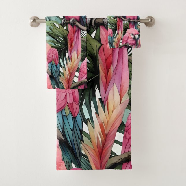 Pink Parrots among trees.  Bath Towel Set (Insitu)