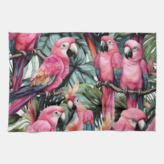 Pink Parrots Birds Art  Kitchen Towel (Horizontal)