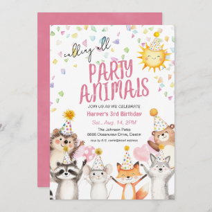 Pink Party Animals in Party Hats Birthday Invitation