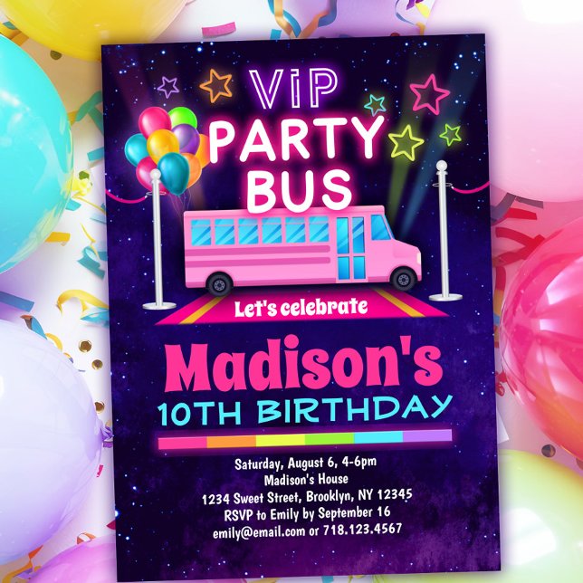Pink Party Bus VIP Invitation d'anniversaire (Créateur téléchargé)