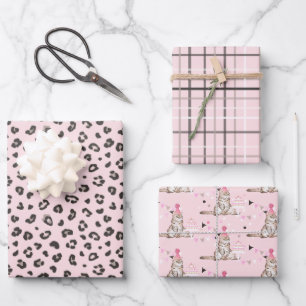 Pink Party Cat Birthday, Stripes and Plaids Wrapping Paper Sheet