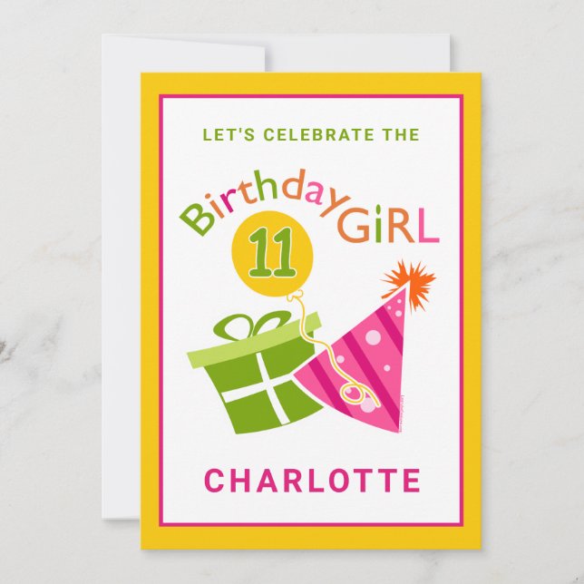 Pink Party Girl 11th Birthday Invitation (Front)