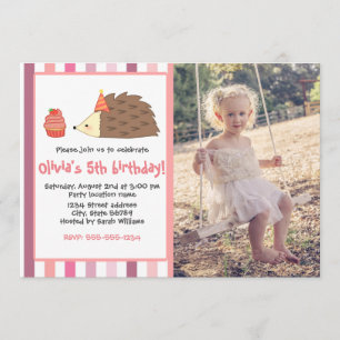 Pink Party Hedgehog and Cupcake Invitation