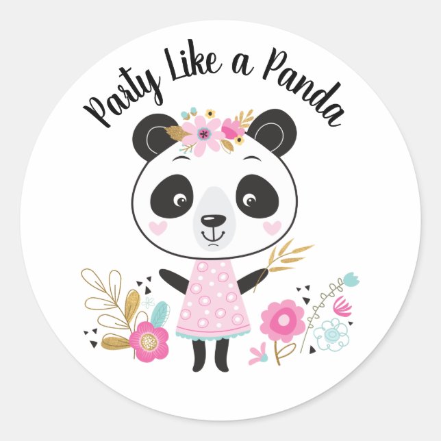 Pink Party Like a Panda Girly Classic Round Sticker (Front)