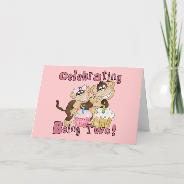 Pink Party Monkey 2nd Birthday Tshirts and Gifts Card (Front)
