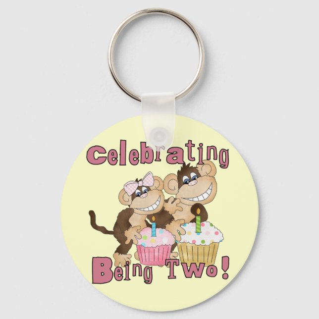 Pink Party Monkey 2nd Birthday Tshirts and Gifts Keychain (Front)