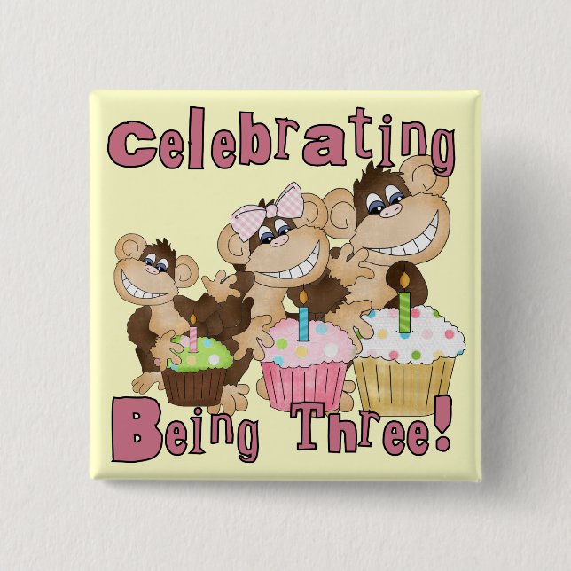 Pink Party Monkey 3rd Birthday Tshirts and Gifts 2 Inch Square Button (Front)