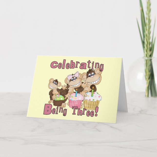 Pink Party Monkey 3rd Birthday Tshirts and Gifts Card (Front)